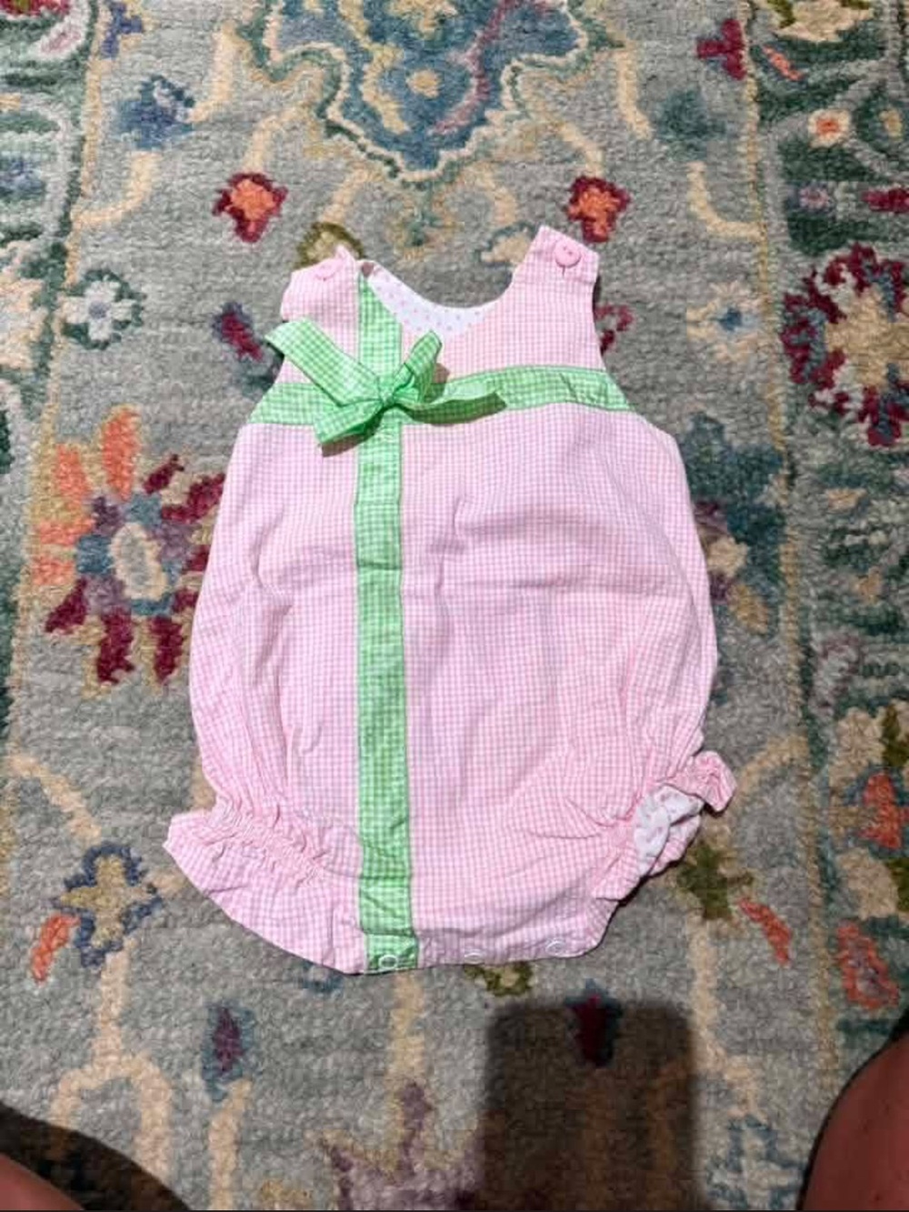 Pink Gingham Baby One-Piece with Green Bow
